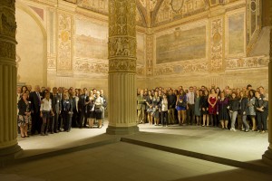 Students standing in a cathedral